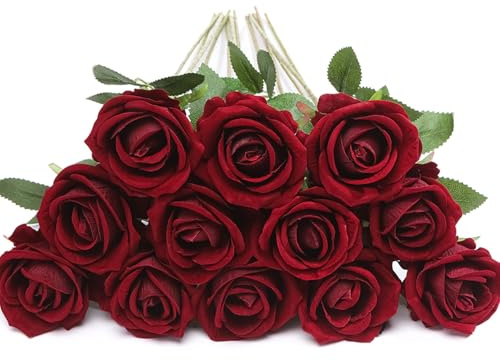 Sredumn 16PCS Roses, Fake Velvet Rose Artificial Flowers with Stem,for Wedding Decoration, Home Garden Garty Centrepieces.Artificial Flowers (Dark Red)