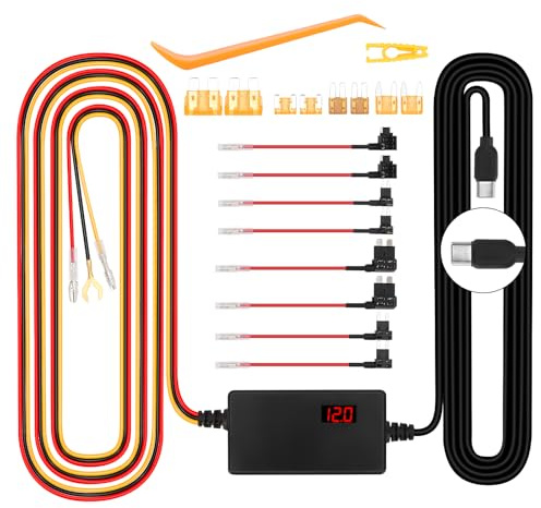 WODHMIEY Dashcam Hardwire Kit 12 V-24 V su 5 V 3 A con indicatore di tensione, tensione regolabile, modalità di parcheggio 24 H, protezione scarica della batteria, tipo C, avvio e arresto ritardo