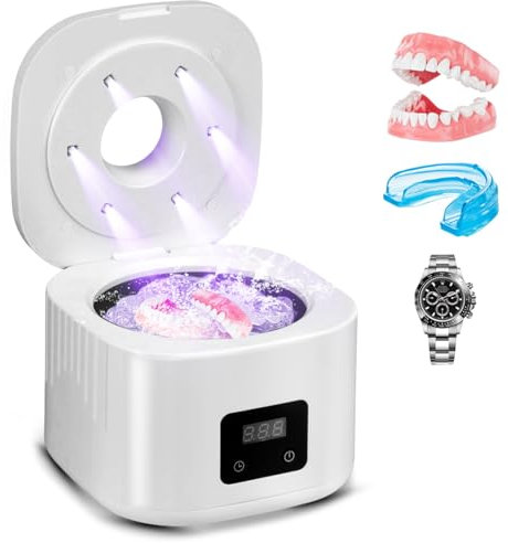Pulitore ad ultrasuoni per protesi dentali, 49000 Hz UV Dental Pod per binario dentale, 340 ml, dispositivo di pulizia ad ultrasuoni, binario dei denti, 3 modalità per protesi dentali, retainer