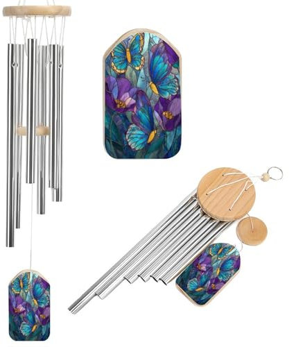 Carillon a vento con farfalle in vetro colorato, con 6 tubi in alluminio, decorazione da giardino e cortile