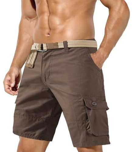 Short cargo pour homme - Pantalon de survêtement court décontracté avec ceinture à la taille - Pantalon cargo avec de nombreuses poches - Bermuda en coton - Couleur unie - Short de course - Short de