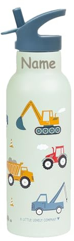 Elefantasie Personalisierte Edelstahl Trinkflasche für Kinder mit Namen graviert ultraleicht Trinkstrohhalm für Kinder ab 4 Jahren (Fahrzeuge, 500 ml)
