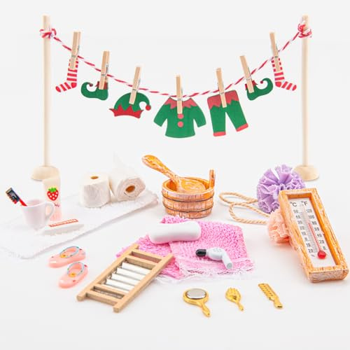 Etopgo Wichtel Zubehör Weihnachten, Wichtel Zubehör Bad-Set für Wichteltür Weihnachten Deko & Puppenhaus, 40 pcs Miniatur Zubehör für Wichteltür mit Toilettenartikel, Badeprodukte, Holzbügel/Kleider