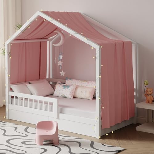 Pacok Hausbett Himmel mit Lichterkette Deko 1 Stück 135 x 420 cm Rosa | Baldachin Hausbett Vorhang,Betthimmel Stoffhimmel Hausbett für Mädchen Jungen Kinderbett