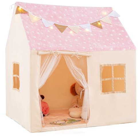GOPLUS Kinderzelt, Spielzelt Kinder Indoor, Spielhaus mit Stern-Lichterkette, Matte, Gaze-Vorhänge & Fenstern, Spielhaus Klappzelt für Drinnen und Draußen, Geeignet für Kinder ab 3 Jahren (Rosa)