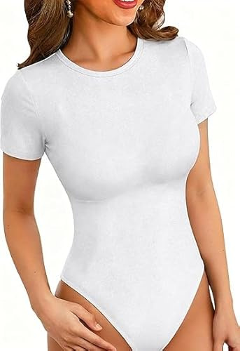 VICHYIE Sommer Damen Kurzarm Basic Rundhalsausschnitt Bodysuit,Sexy Oberteile Tops T-shirt Elegant Damenbodys Jumpsuit Shapewear