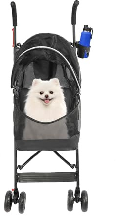 Foldable Pet Stroller for Small Medium Dogs & Cats up to 22 lbs, Lightweight Travel Buggy with Safety Leash, Cup Holder, Breathable Mesh & Quick Fold Wheels