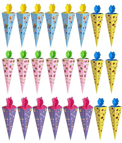 BCHKO Lot de 24 cornets à remplir, pour garçons et filles, frères et sœurs, petits sacs à sucre, personnalisables, idéals pour l'Einschulung et comme cadeau ou décoration DIY (17 cm) (Multicolore)