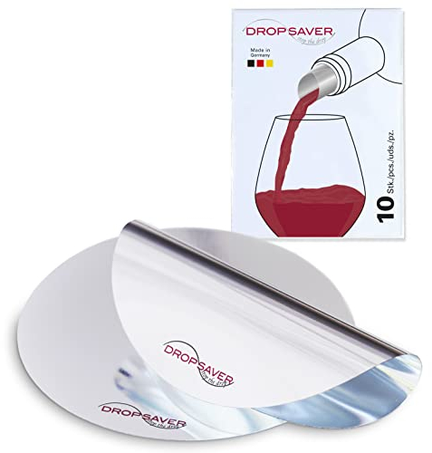 DROPSAVER® Weinausgießer Plättchen | Tropffreier Flaschenausgießer für Wein & Sekt | Wiederverwendbar aus PET-Folie | Silber | 10 Stück, Made in Germany