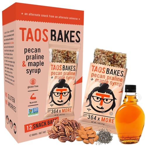 Taos Bakes - Barrette per snack, praline di pecan e sciroppo d'acero, senza glutine, senza OGM, barrette di cereali vegetali, sane e deliziose, confezione da 12 barrette da 56,7 g