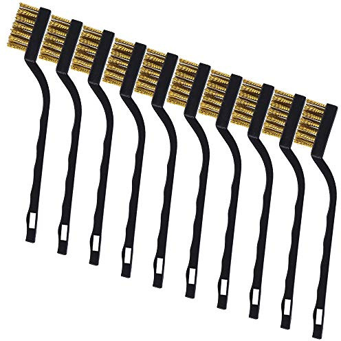 10 Stück Mini Messing Drahtbürsten Set Drahtbürste Kratzbürste gebogener Griff Mauerwerk Bürste Drahtborsten für Reinigung Schweißen Schlacke und Rost (Messing 10 Stück)