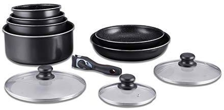 Herzberg Set di Pentole a Induzione - Pentole e Padelle per Tutto il Calore - Rivestimento in Pietra con Manico Rimovibile - 10 Pezzi HG-5000 Nero