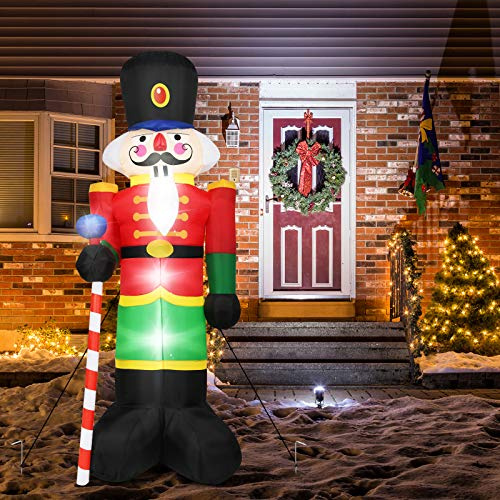 COSTWAY 240CM Aufblasbarer Nussknacker-Soldat, Weihnachtsmann Soldat mit 3 LED-Leuchten, Weihnachtsdekoration für drinnen und draußen, selbstaufblasend