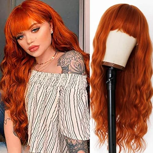 Perücke Orange Damen Lange lockige gewellte Perücke mit Pony Synthetisches Haar Volle Perücke Hitzebeständige Cosplay Halloween Party