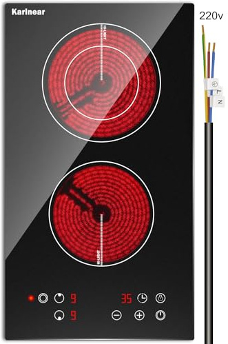 Karinear 2 Burner Electric Cooktop 12 Inch, Drop-in Radiant Cooktop 220v - 240v with Child Safety Lock, Timer, Residual Heat Indicator, 3200W, Hard Wired, No Plug Electric Stove Top