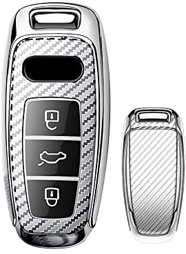 HIBEYO Autoschlüssel Hülle Geeignet für Audi,Schlüsselhülle Cover für Audi 2019 2020 2021 A6 A6L A7 E-Tron A8 Q8 Smart Keyless Entry 3 Tasten Autoschlüssel Schlüsselbox(Silber-Carbon)