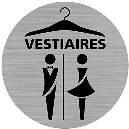 Pictogramme Vestiaires (Q0461). Autocollant souple effet alu brossé ou plaque de porte alu brossé ep 2mm au choix - Diamètre 76 mm - Adhésif aspect aluminium brossé - Adhésif aspect aluminium brossé -