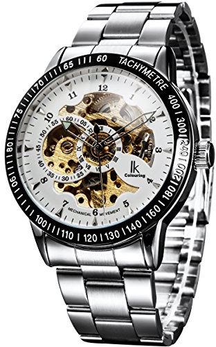 Alienwork IK Automatikuhr Armbanduhr Herren Damen Silber Edelstahl Metallarmband Weiss Skelett Glasboden
