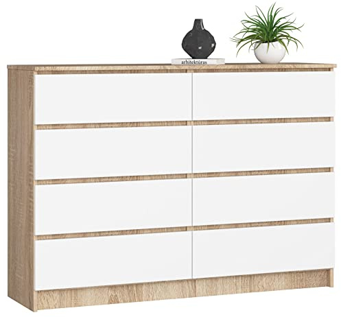 AKORD Kommode K-140 mit 8 (2 x 4) Schubladen | für das Wohnzimmer Schlafzimmer Schrank Büro Arbeitszimmer | Modernes Funktionales Design | B138 x H99 x T40 cm, Gewicht 72 kg | Sonoma Eiche/Weiß