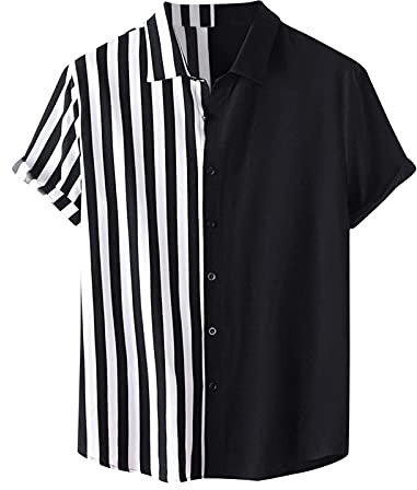 Herren Retro Button Down Bowling Shirts 50er Jahre Rockabilly Stil Sommer Tops Cuban Style Camp Striped Kurzarm Shirt, Schwarz , XXL