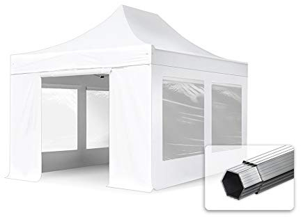 TOOLPORT Faltzelt Faltpavillon Pavillon 3x4,5m - mit 4 Seitenteilen (Panoramafenster) Premium Dach Partyzelt schwer entflammbar weiß