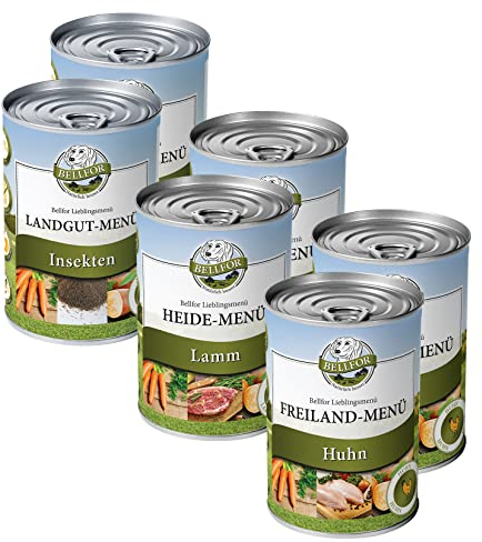 Bellfor Starter-Paket 2 x Freiland-Menu mit Huhn 2 x Heide-Menu mit Lamm und 2 x Landgut-Menu mit Insekten Getreidefrei Hundefutter Nass Ohne Soja und Zucker