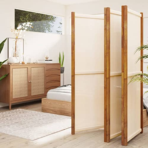 Divisorio a 5 Pannelli, Separé Pieghevole per Privacy e Divisione Spazio, 350 x 180 cm, Legno Massello di Acacia con Finitura ad Olio e Textilene, Bianco Crema for Interno ed Esterno