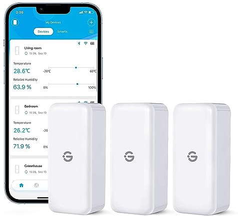 GoveeLife Lot de 3 thermomètres hygromètre d'intérieur - Mini thermomètre Bluetooth - Avec notification d'application et stockage de données - Convient pour serre, cave à vin