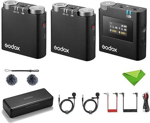 GODOX Virso M2 Microfono lavalier wireless, microfono da 2,4 GHz, portata 200 m, con ricevitore e 2 trasmettitori compatibili con fotocamera DSLR, smartphone, ecc. per interviste su YouTube