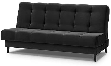 Mars Meble Schlafsofa Nancy Sofa mit Schlaffunktion Bettkasten Polstersofa aus Velour 195 cm Dreisitzer mit Holzbeine, Stoff: Kronos 07 - schwarz