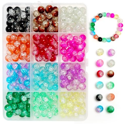 GOTRUST 240 st spricka glaspärlor för pyssel, 8 mm ädelsten pärlor set rund, färgglada glaspärlor mix, färgglada glas ädelstenspärlor för att trä upp med hål för gör-det-själv armband halsband