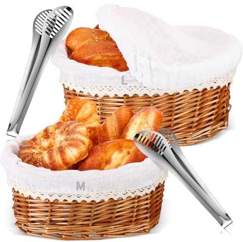 Ziliny 2 Set 11 12 Wicker Bread Baskets for Serving Set Round Woven Fruit Pastries Baskets with Removable Liner Cover Tongs Bread Storage Container for Fall Thanksgiving Sourdough Proofing(Natural)