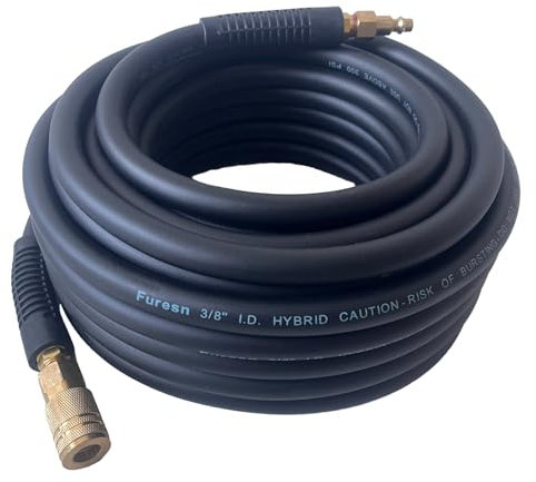 Air Hose 3/8 in x 25 ft, Heavy Duty, Lightweight, Kink Resistant, Hybrid Air Compressor Hose with 1/4 in Solid Brass Male Fittings, Bend Restrictors, 300 PSI (25FT, Black)