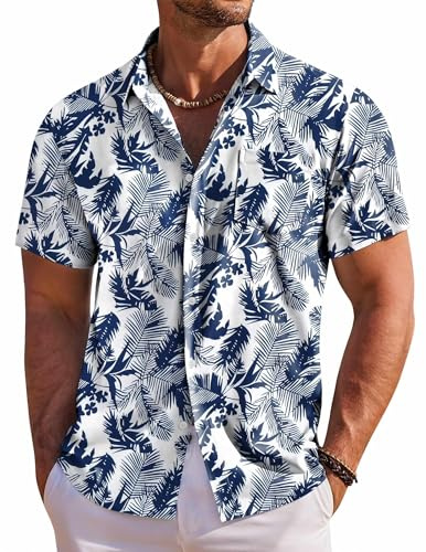 COOFANDY Men's Short Sleeve Hawaiian Shirts Casual Summer Vacation Shirts, White - Palm Leaf, X-Large