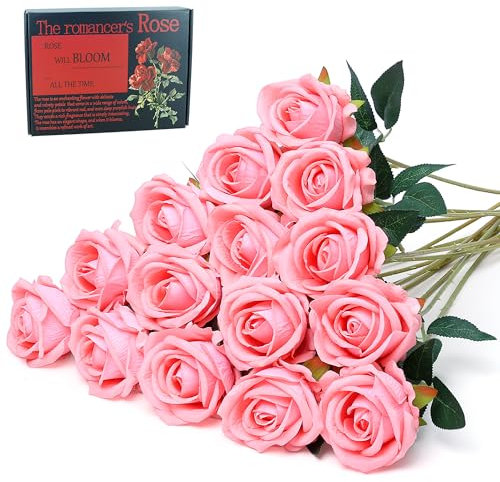 SITUMEIZI 15PCS Pink Artificial Roses Silk Flowers Fake Roses Realistic Bouquet Long Stem with Gift Box for Mother's Gift Day Home Party Wedding Decorations