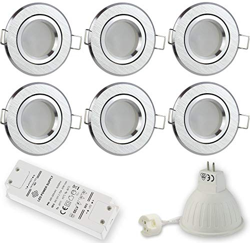 6x LED Einbaustrahler silber gebürstet rund 7 Watt warmweiß MR16 12V - Einbauleuchten flach 68-73mm Bohrloch - Einbau-Spot Decken-Strahler Deckeneinbaustrahler Deckenspot