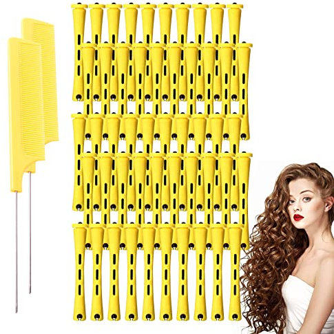 CZAYEFNH 50 PCS Bigodini per Capelli Rullo, 2 pettine a coda di topo in acciaio inossidabile, Capelli In Plastica Canne Lunghe,Con Elastico In Gomma Bigodini Per Aste Permanenti (0,28 Pollici, Giallo)