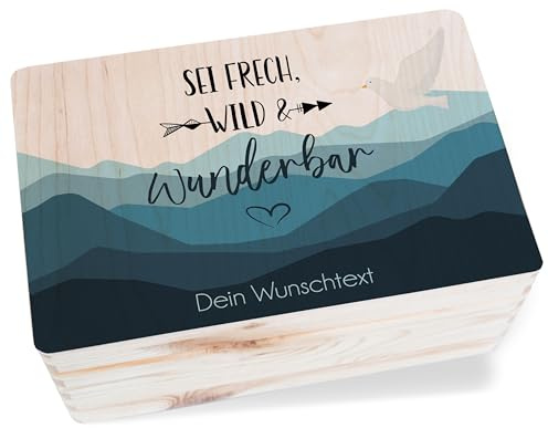 Holzkiste Erinnerungsbox - Konfirmation - Erinnerungskiste aus Holz | Sei frech wild und wunderbar | Personalisierte Geschenke für Kinder Eltern Erzieher Lehrer Mädchen - 30x20x14 cm - Holz