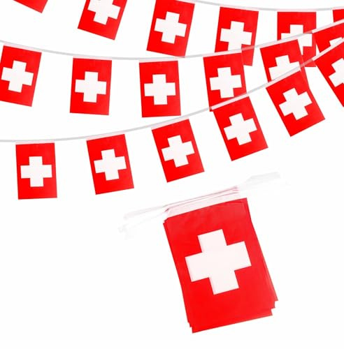 Banderole de drapeaux suisses de 10 m - 14 x 21 cm - Décoration de fête pour événements sportifs - Intérieur ou extérieur - Jardin - Bar