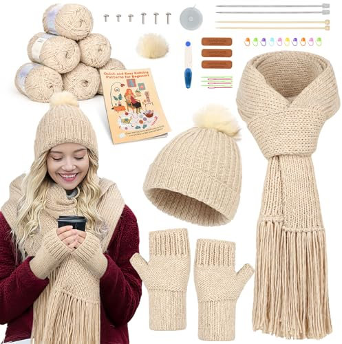 Katech Kit de tejer para principiantes, gorro y bufanda, guantes, kit completo de tejer para adultos, kit de pasatiempos para aprender a tejer, con folleto de instrucciones paso a paso, agujas de