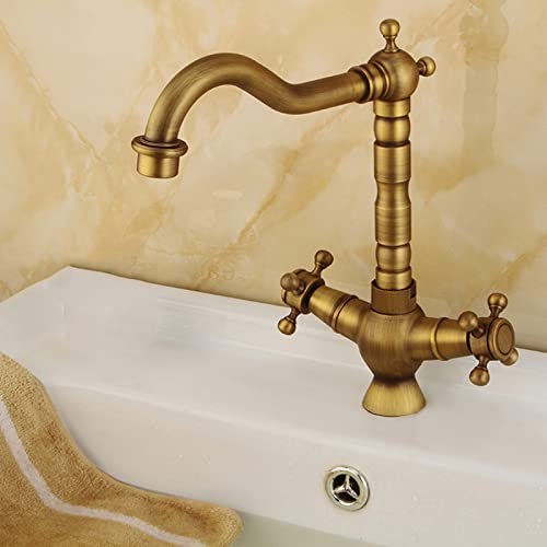 Waschtischarmatur Retro Antik, Mischbatterie mit 360° drehbarem Auslauf, Messing-Waschtischarmatur, Warm- und Kaltwasser-Badezimmerarmatur, Badarmatur im Vintage-Stil, Mischbatterie mit Zwei