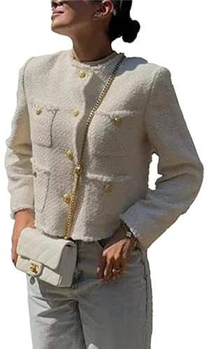 Blazer da Donna Moda Autunnale Giacca Corta in Tweed Elegante Aperta Davanti Casual da Ufficio Blazer(White,Medium)