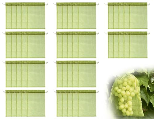 Emezddo 50 Stück Organzasäckchen,Traubenschutzbeutel,Schutzbeutel,Schmuckbeutel,Organza-Beutelchen,Bonbonsbeutel,Netzbeutel mit Zugband,Schützen Weintrauben vor Wespen und Vögel(Gras-Grün,13 * 18 cm)
