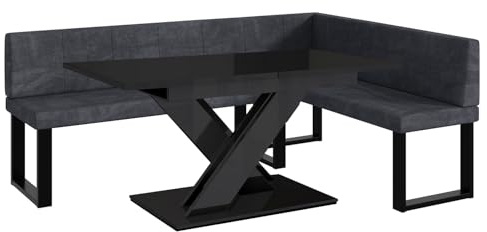MEBLINI Eckbank für Esszimmer mit ausziehbarem Tisch - Küchenbank - Essecke - Sitzecke Küche - Peter - U-Beine 142x196x87cm Rechts - Dunkelgrau Samt/B Schwarz Hochgl.