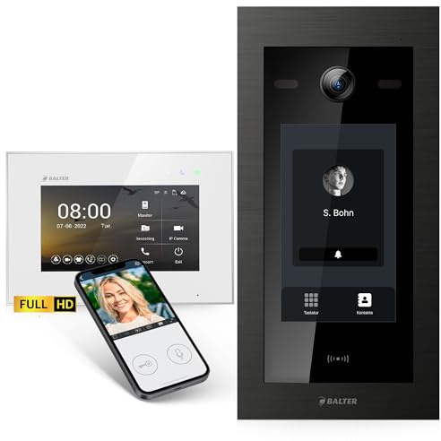 Balter EVO-HD Video Türsprechanlage mit Touchscreen Türstation, Video Türklingel, Smartphone App, 1 Familienhaus, 1x 7 Zoll Monitor, Türklingel mit Kamera Full HD, 2 Draht Bus, 175° Weitwinkel, RFID