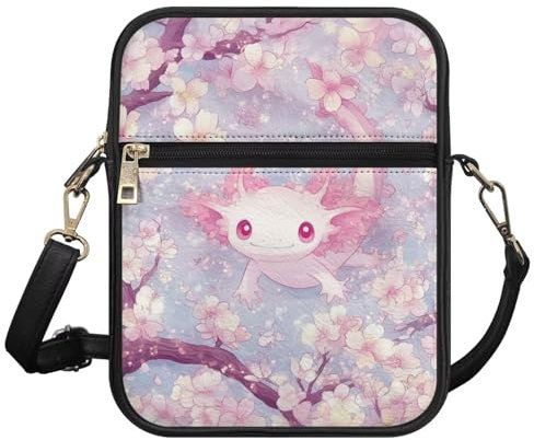 COEQINE Nette Umhängetasche Für Frauen Rosa Leder Crossbody Schulter Tasche Handtasche Satchel Taschen Für Arbeit Reisen, Nette Axolotl Kirschblüte, Süße Axolotl Kirschblüte