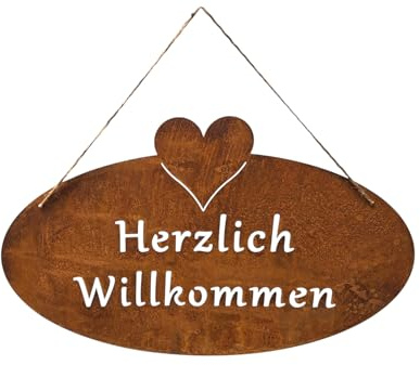 Herzlich Willkommen Schild, Edelrost Metall, Gartendekoration mit Herz-Design, Oval, Hängend 40cm x 26,5cm
