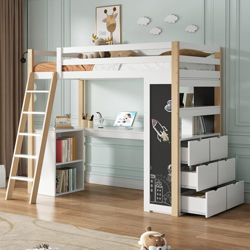 Kinderbett Etagenbett 90x200, Hochbett mit Schreibtisch&Bücherregal&Zeichentafel&Aufbewahrungsschrank&Schubladen,Bettgestell mit Lattenrost, Funktionsbett Jugendbett, Kiefernholz, Ohne Matratze, Weiß