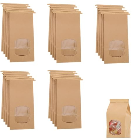 25 Sachets en Papier Kraft avec Fenetre, 17x9x6cm Résistant à l'huile Sachet Alimentaire pour Biscuits, Bonbons, Pain Pâtisserie, Sac en papier brun, Sacs Cadeau pour Mariage, Anniversaire (25pcs)