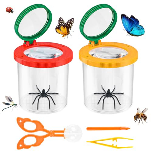 Muyohix 2 Stück Becherlupen für Kinder, Lupenglas für Kinder, Insektenglas Mit Lupe Entdecker Set Enthält 1 Teaser-Stick, 1 Pinzette und 1 Ballklemme für AB 3 4 5 6 Jahren